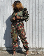 SC Camouflage Print Ruffles Two Piece Pants Set FYWF-DF0721
