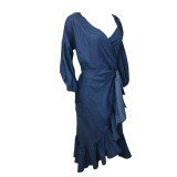 SC Ruffles Lantern Sleeve V-neck Denim Midi Dress FYWF-DF0617