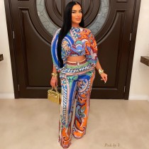 SC Lantern Sleeve Printed Two Piece Pants Set FYWF-YW0863