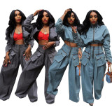 SC Casual Loose Zipper Denim Two Piece Pants Set GZCF-30059