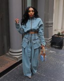 SC Casual Loose Zipper Denim Two Piece Pants Set GZCF-30059