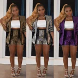 SC Plus Size Sequin Long Sleeve Two Piece Shorts Set FYWF-DF0713