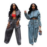 SC Casual Loose Zipper Denim Two Piece Pants Set GZCF-30059