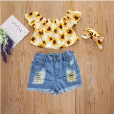 SC Kids Girl Print Tops And Holes Denim Shorts Suit YKTZ-2022
