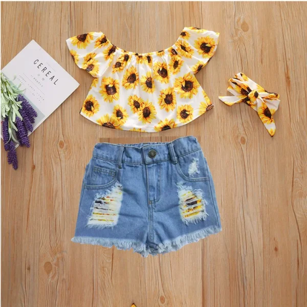 SC Kids Girl Print Tops And Holes Denim Shorts Suit YKTZ-2022