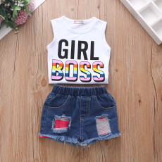 SC Kids Girl Letter Print Sleeveless Denim Shorts Suit YKTZ-21123