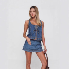 SC Sleeveless Tie Up Tank Top Skirts Denim Suit GMWF-666888