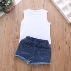 SC Kids Girl Letter Print Sleeveless Denim Shorts Suit YKTZ-21123