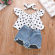 SC Kids Girl Polka Dots Print Tops Denim Shorts Suit YKTZ-2090
