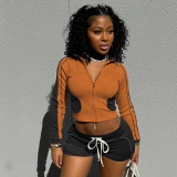 SC Contrast Color Long Sleeve Two Piece Shorts Set GDSF-K24ST371
