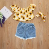 SC Kids Girl Print Tops And Holes Denim Shorts Suit YKTZ-2022