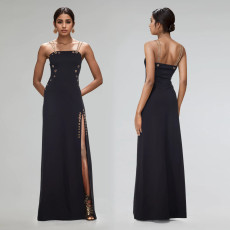 SC Sexy Solid Color Chain Sling Split Maxi Dress BY-7522