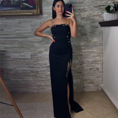 SC Sexy Solid Color Chain Sling Split Maxi Dress BY-7522