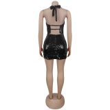 SC Backless Sequin Halterneck Two Piece Skirts Set BY-7521