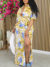 SC Leaf Print Long Sleeve Cardigan Long Dress YH-5353