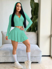 SC Solid Color Long Sleeve Hooded Knits Skirts Suit YH-9002