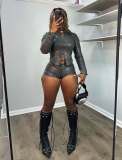 SC PU Leather Long Sleeve Two Piece Shorts Set MEM-88665