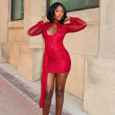 SC Solid Color Hollow Out Lace Mini Dress GSZM-C25DS284