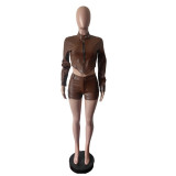 SC PU Leather Long Sleeve Two Piece Shorts Set MEM-88665