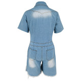 SC Short Sleeve Tassel Denim Romper GDAM-218628