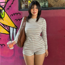 SC Stripe Print Long Sleeve Two Piece Shorts Set GFRT-42209SBG