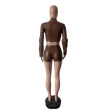 SC PU Leather Long Sleeve Two Piece Shorts Set MEM-88665