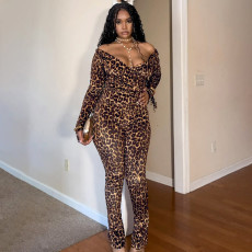 SC Leopard Print Deep V Neck Two Piece Pants Set MXBF-J25ST311