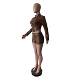 SC PU Leather Long Sleeve Two Piece Shorts Set MEM-88665