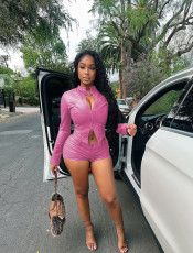 SC PU Leather Long Sleeve Two Piece Shorts Set MEM-88665