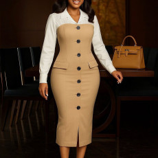 SC Plus Size Long Sleeve Blazer Neck Patchwork Midi Dress GATE-600