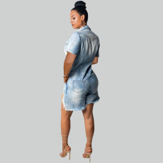 SC Short Sleeve Tassel Denim Romper GDAM-218628