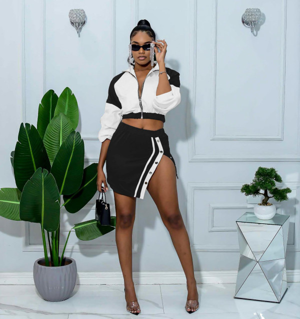 SC Retro Long Sleeve Color Block Two Piece Skirts Set QXLB-10157