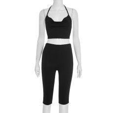 SC Solid Color Halterneck Tie Up Two Piece Short Set MXBF-J25ST244