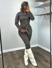 SC Long Sleeve Zipper Denim Two Piece Pants Set MEM-88664