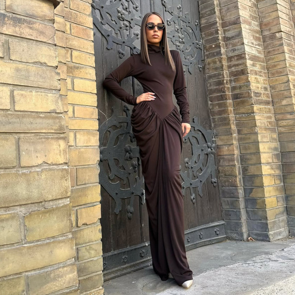 SC Solid Color Pleated Long Sleeve Maxi Dress XEF-K25D82529