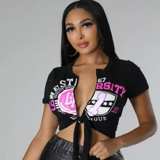 SC Plus Size Casual Print Short Sleeve Tie Up Tops GHXF-TY046