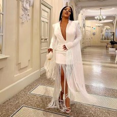SC Deep V Neck Long Sleeve Tassel Mini Dress GHXF-HX0203