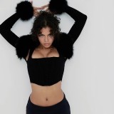 SC Plus Size Fashion Fuzzy Ball Cardigan Tops GHXF-HX0234