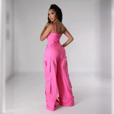 SC Plus Size Solid Color Multi-pockets Sling Jumpsuit GHXF-HX0411