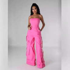 SC Plus Size Solid Color Multi-pockets Sling Jumpsuit GHXF-HX0411