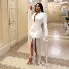 SC Deep V Neck Long Sleeve Tassel Mini Dress GHXF-HX0203