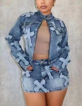 SC Fashion Denim Zipper Jackets Two Piece Skirts Set GQLF-8505