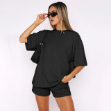 SC Short Sleeve Solid Two Piece Shorts Set SSNF-211299