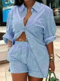 SC Plus Size Long Sleeve Stripe Print Shirt Shorts 2 Piece Set HNIF-DHN124