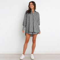SC Stripe Long Sleeve Shirt Two Piece Shorts Set SSNF-211032