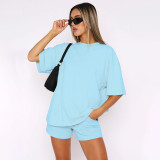 SC Short Sleeve Solid Two Piece Shorts Set SSNF-211299