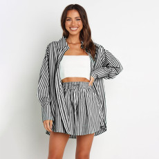 SC Stripe Long Sleeve Shirt Two Piece Shorts Set SSNF-211032