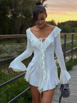 SC Ruffles Long Sleeve Tie Up Mini Dress GKLK-D4817281Y