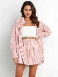 SC Stripe Long Sleeve Shirt Two Piece Shorts Set SSNF-211032