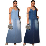 SC Plus Size Fashion Denim Sling Maxi Dress GDAM-218529